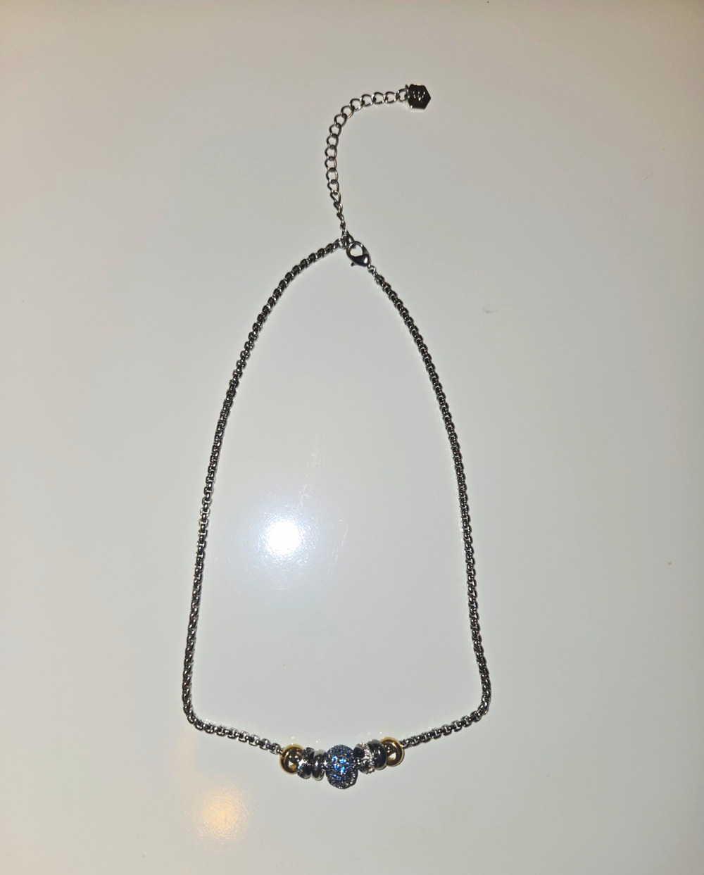 JC Jewelry Concepts Blue Rhinestone Necklace Silver Gold Tone Beaded Adjustable